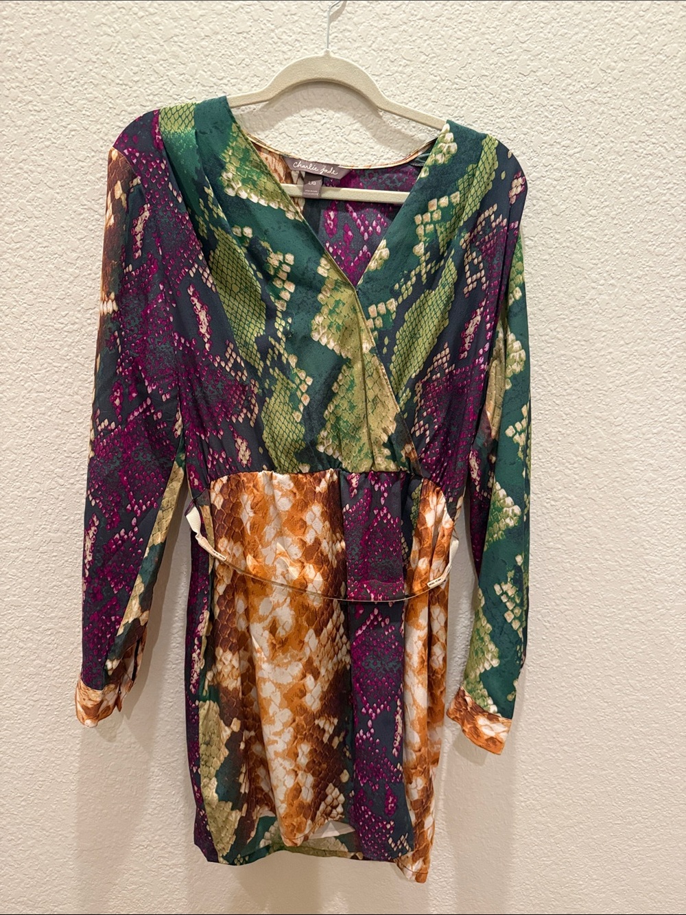 charlie jade Green, Purple, Brown Snake-Print Wrap Dress